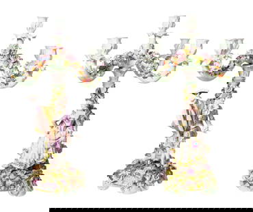 19th Century C.G. Schierholz & Sohn Porcelain Candelabras: Porcelain candelabras, large pair of porcelain candelabras with figures, floral motifs and apples. Manufacturers mark to underside. 15w x 15d x 21h.