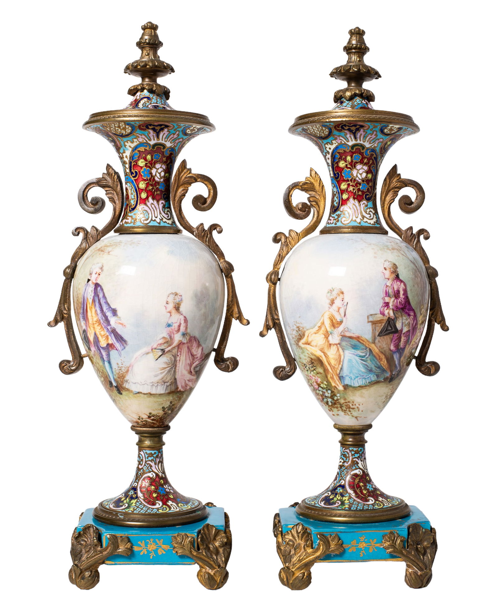 Sevres Style Porcelain Champleve  Enamel Bronze Mounted Vases (1 of 7)