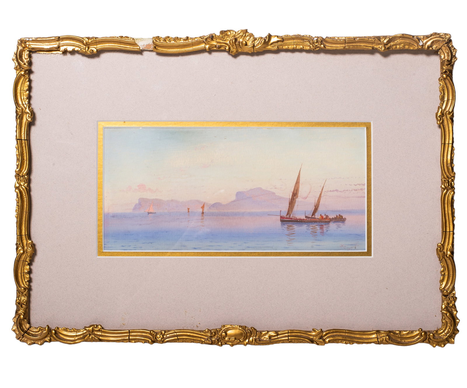 Italian Watercolor Of Sail ships, Illegible: Watercolor on paper, untitled, sailboats. Signed lower left. Sight - 4 1/4 x 9. Frame - 10 x 15.