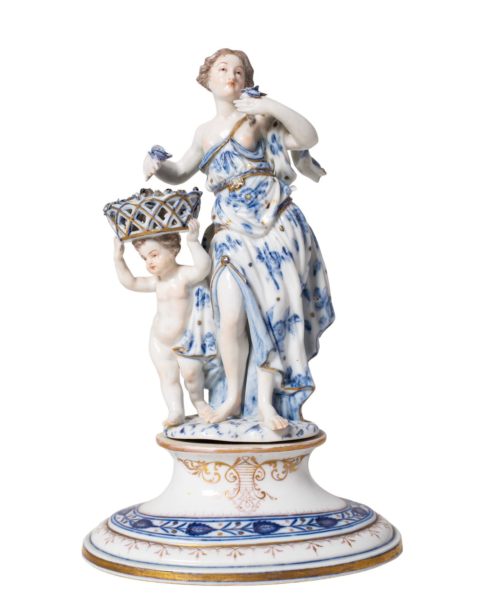 Crossed Sword Meissen Porcelain Figure: Crossed Sword Meissen Porcelain Figural Group. 1st quality. Half nude lady picking flowers out of flower basket. Basket is held up by putti. Meissen Figurine. 6 1/8dia x 9 1/2h