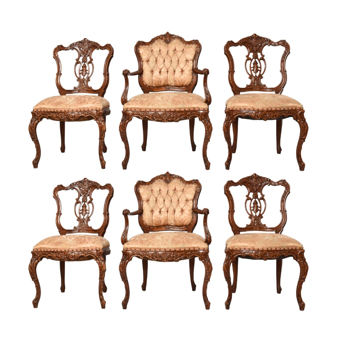 Louis XV Style Carved Dining Chairs: 20th century six dinning chair. Two arm and four side chairs, in fruitwood with acanthus carved and pierced shield form backs, carved aprons and cabriole legs, upholstered in floral woven silk damask,