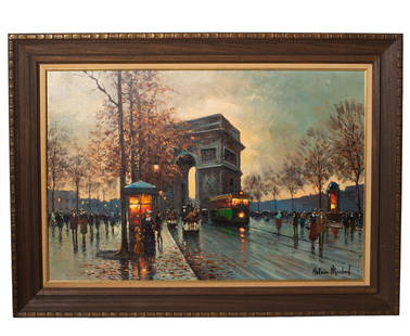 Antoine Blanchard (1910-1988) Oil (France): Oil on canvas, "The Arc de Triomphe and the Champs- Elysee, Paris" signed lower right. Original frame. Sight- 24 1/4 x 36 1/4, frame- 31 3/4 x 43 7/8. Provenance: Eldon Maddux, Cincinnati, OH. Origina