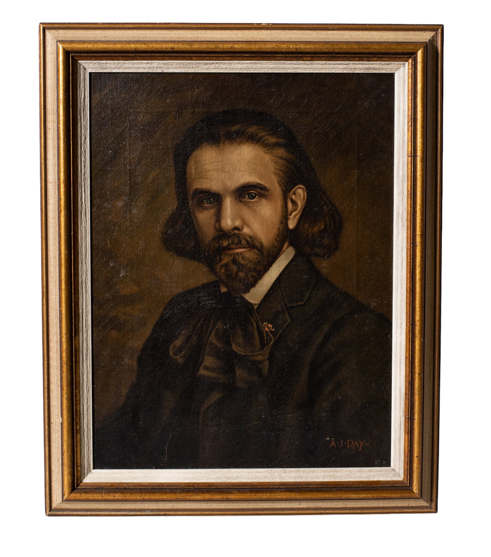 AJ Day (19th Century) Oil (Kansas): Oil on canvas, untitled, gentleman, Saline County directory 1885. AJ Day was a Pharmacist. Sight- 17 1/4 x 13 1/4, frame- 21 x 17.