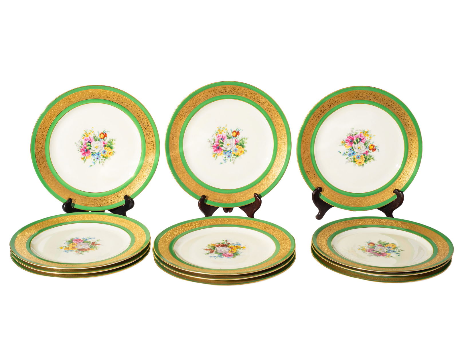 Limoges Green & Gilt Encrusted Porcelain Floral Plates Auction