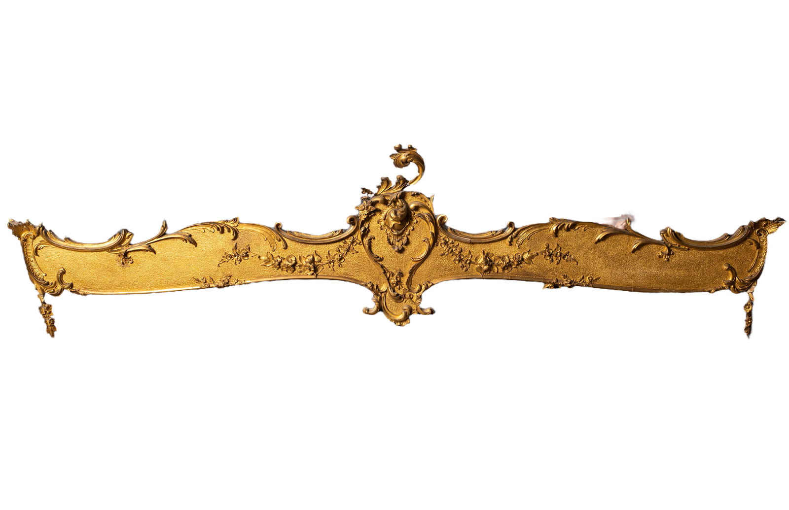 French Gilt Gesso Cornices: French Gilt Gesso Cornices. Two cornices with scalloped borders, embossed scrolling leaves with tear drop ends. 83w x 9 1/4d x 20 1/4h & 79w x 11 1/2d x 18h.