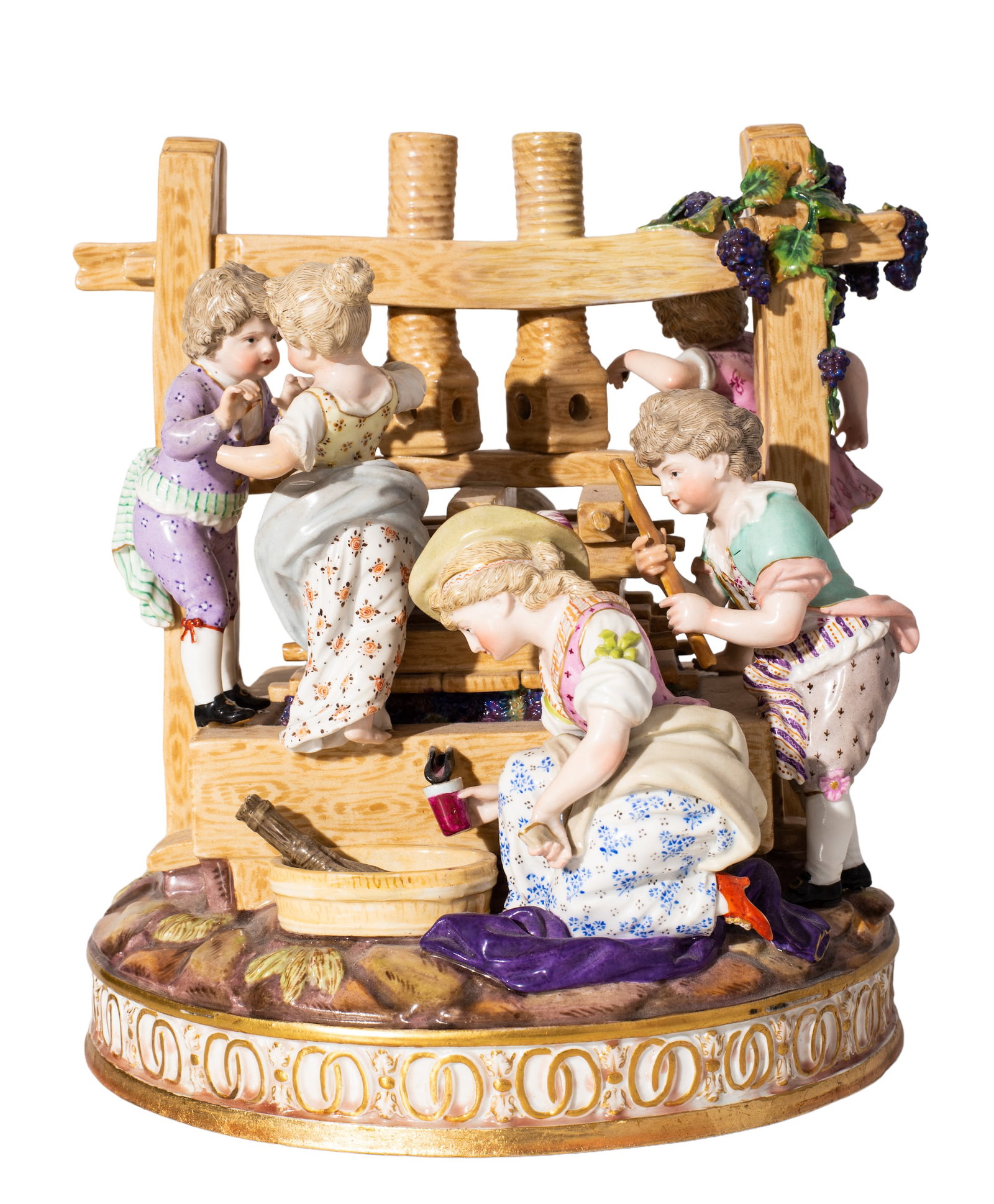 Antique Crossed Sword Meissen 1st Quality Figural Group: Antique Crossed Sword Meissen 1st Quality Figural Group. Outstanding figural group of children at wine press and lady. 9 1/4w x 8 1/4d x 10h.