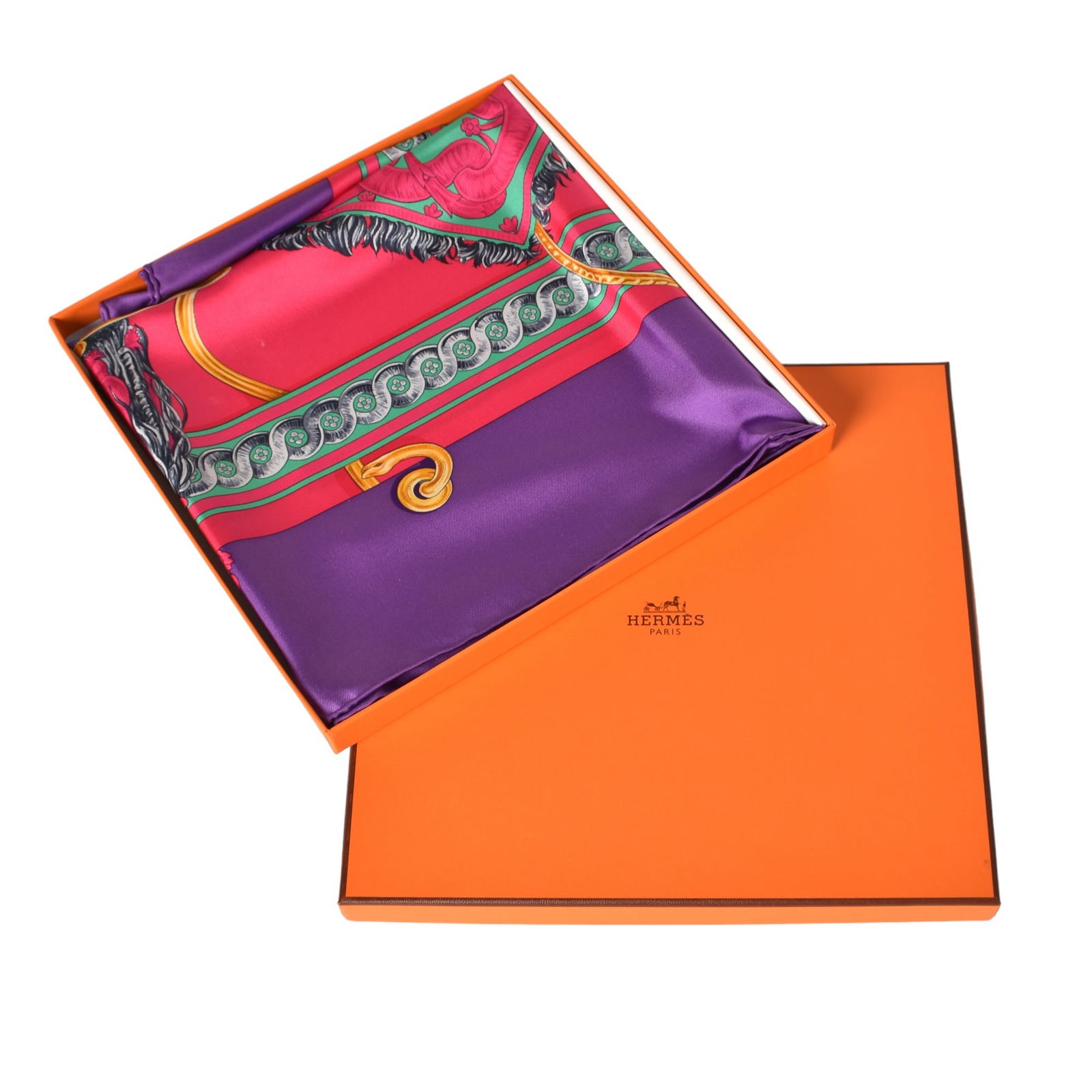 Hermès Bride De Cour Scarf: Hermes Bride De Cour purple scarf. Bride de Cour motif. With box. 35 x 35.