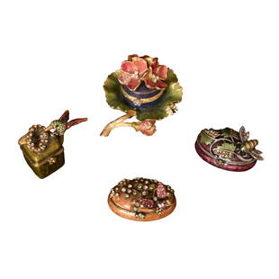 Assembled Enamel Jay Strongwater Trinket Boxes: Assembled Enamel Jay Strongwater Trinket Boxes. Set of (4). Pink Geranium box. Geraniums on top of hat box and leaf with ladybug on leaf.. Decorated Swarovski crystals. Gold tone trim. 2 1/2w x 2 1/4d