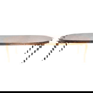 Baker Furniture French Country Dining Table: Baker Furniture French Country Dining Table. Oak dining table, oval with scalloped aprons resting on cabriole legs terminating to French feet. Three - 18" leaves. Manufacture's marks to underside. Clo