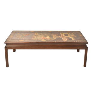 Chinese Coffee Table Attributed to Baker Furniture: Chinese Coffee Table Attributed to Baker Furniture. Purchased as a custom "Far East Collection" coffee table. Polychrome landscape scene over flat aprons and straight legs. No label. 54 3/4w x 19 1/2d