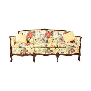 Baker Furniture Co. Mahogany Sofa: Baker Furniture Co. Mahogany Sofa. Mahogany curved frame resting on turned tapered legs with silk upholstery. Has been reupholstered multiple times. No label. 1940. Provenance: Mr. Warm specifically p