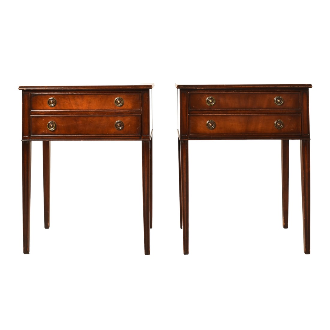 Fine Arts Furniture Mahogany Nightstand: Fine Arts Furniture Mahogany Nightstand. Pair. Molded tops over 2 drawers and tapered square legs. Manufacture's mark to underside of one. 21 1/2w x 15 1/4d x 27h.