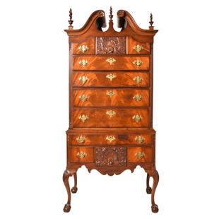 Late 18th Century Mahogany Georgian Highboy: Late 18th Century Mahogany Georgian Highboy. Circa 1770-1790. Crotch grain Mahogany with pine secondary wood. Broken arch bonnet top with 3 flame and urn finials and carved rosettes. Carved center