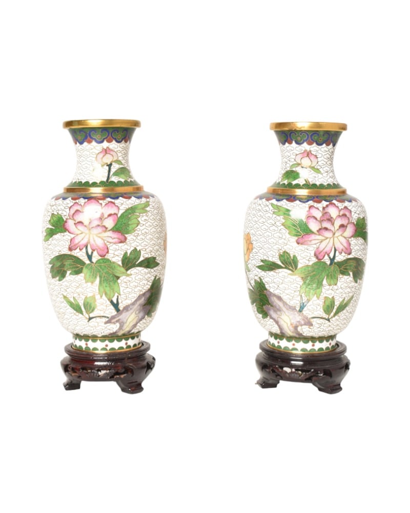 Japanese CloisonnÃ© Vases: Japanese CloisonnÃ© Vases. Pair of vases on teak stands. Vases - 3 1/2dia x 6 1/4h, overall - 7 1/4h.