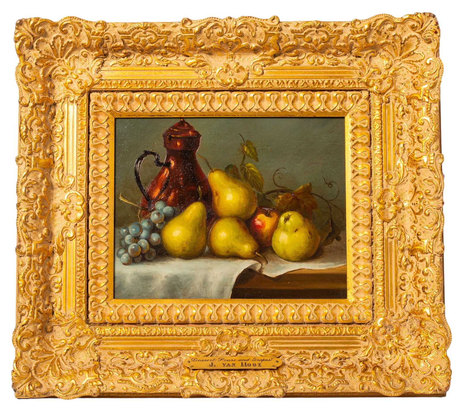J. Van Hoot (1900-1963) Oil (Dutch): Oil on Masonite, "Dessert Pears & Grapes" signed lower right. Housed in ornate gold frame. Provenance: A private Cincinnati collection. Sight-8 1/4 x 10 1/4, Frame - 15 1/4 x 17 1/2.