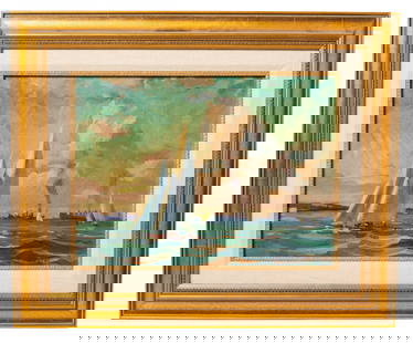 Herman Henry Wessel (1878-1969) Oil (Cincinnati): Oil on artist's board, untitled, marine scene with ships. Signed lower right. Housed in gold frame. Provenance: The collection of Martha Seamon. Sight - 12 x 16, frame - 18 1/4 x 22 1/4.