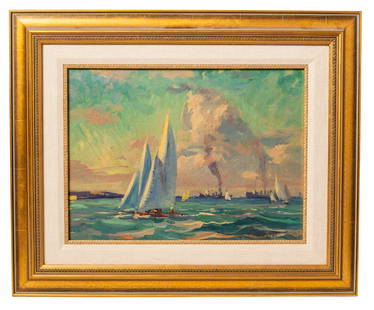 Herman Henry Wessel (1878-1969) Oil (Cincinnati): Oil on artist's board, untitled, marine scene with ships. Signed lower right. Housed in gold frame. Provenance: The collection of Martha Seamon. Sight - 12 x 16, frame - 18 1/4 x 22 1/4.