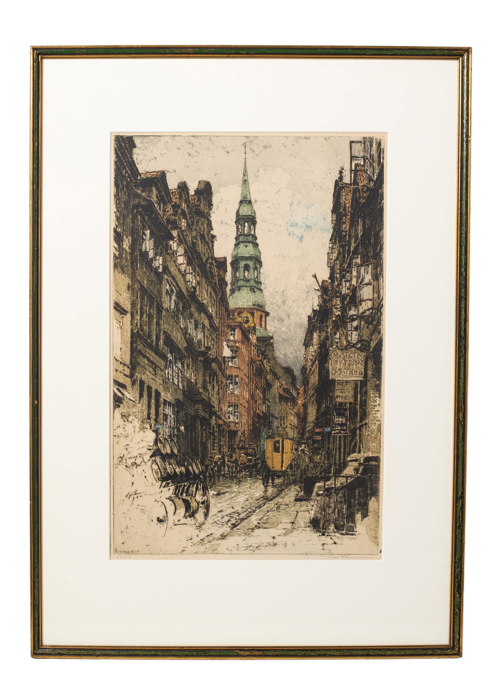 Luigi Kasimere (1881-1962) Etching (Austria): Original etching on woven paper, "Hamburg Cathrine Street" Dated 1927. Pencil signed lower right and 216/250 lower left. Image size - 18 1/2 x 12, frame - 16 3/4 x 19.