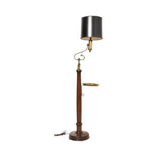 Frederick Cooper Floor Lamp: Frederick Cooper Floor Lamp. Black cylinder shade over brass arm over a walnut turned support. Bras engraved tray and turned feet. Manufacture's mark to brass. 9 1/2w x 15d x 59 1/2h.