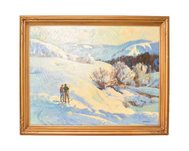 Herman Henry Wessel (1878-1969) Oil (Cincinnati): Oil on canvas, untitled, couple skiing taking a break during beautiful sunny winter day. Signed lower right. Housed in original gold frame. Provenance: Purchased directly from the artist, original own