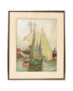 Edward Henry Potthast (1857-1922) Oil (Cincinnati, NY): Oil on board of ship at dock with figures. Signed lower margin. Professionally framed and matted. Sight - 15 1/2 x 12. Frame - 20 3/4 x 17 1/8.