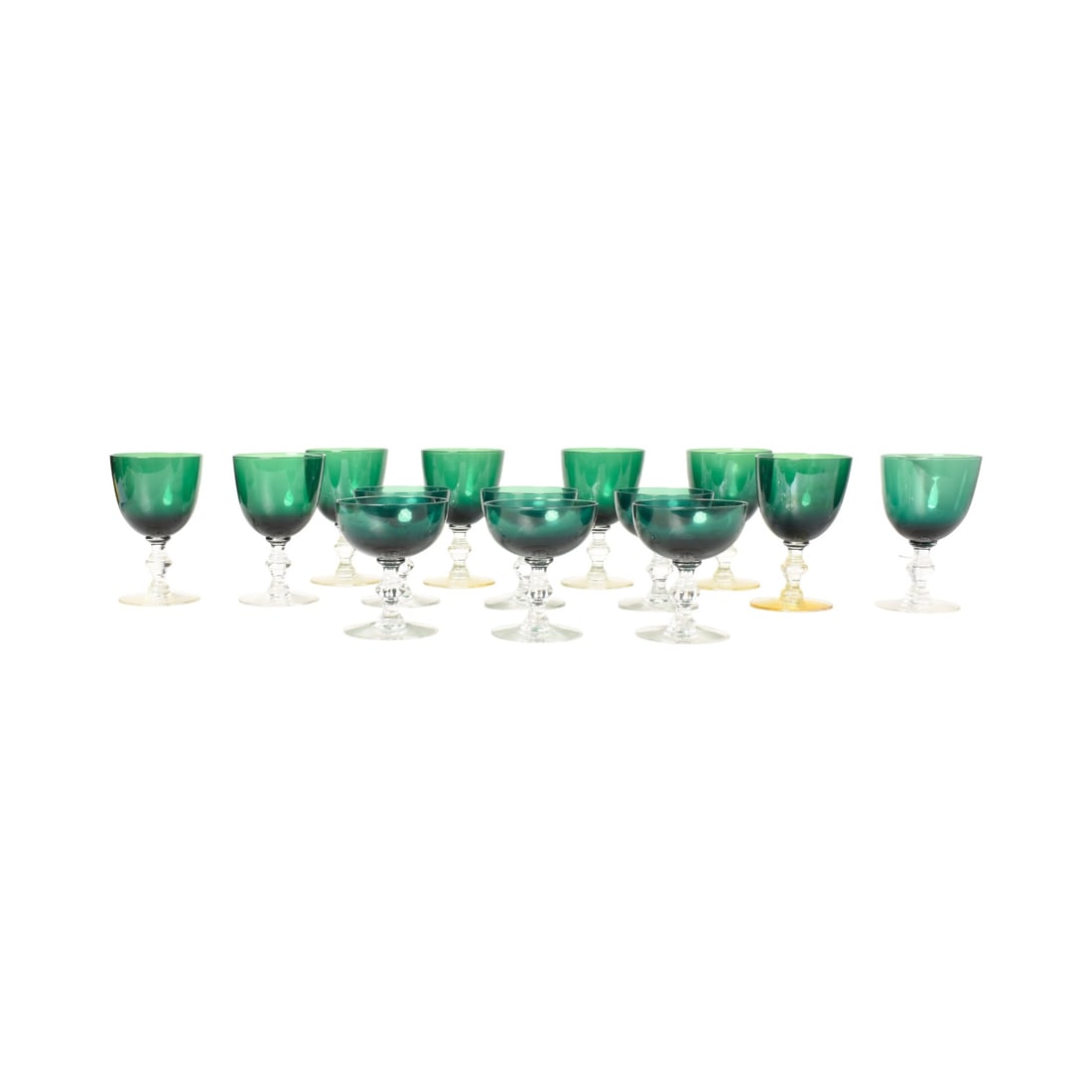 Tiffin "Franciscan Killarney" Stemware Glasses: Tiffin "Franciscan Killarney" Stemware Glasses. 14 pieces total; 6 Champagne glasses 3 5/8dia x 4 1/2, & 8 wine goblets. 3 1/2 dia x 5 1/2h.