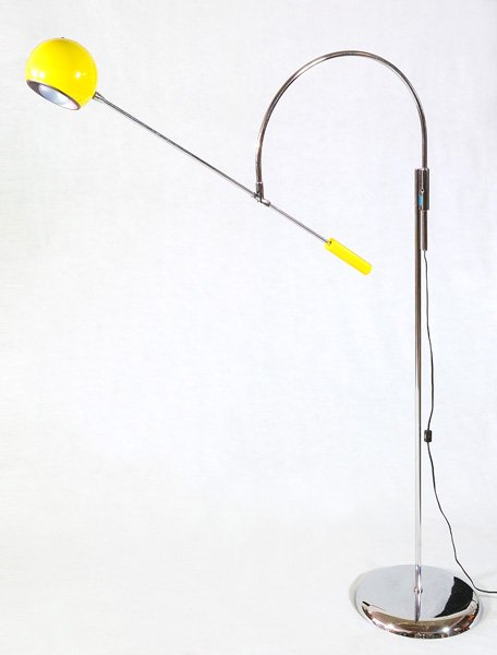 Robert Sonneman Floor Lamp: Yellow enamel, chrome-plated metal, weighted base swing-arm adjustable reading lamp 66"H