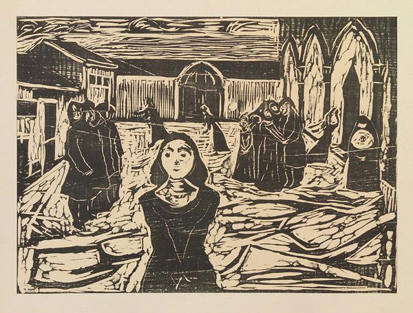 Edvard Munch - Woodcut: Work on paper, titled "The Last Hour" embossed #2 in center, printed by Munch, Nielsen, prints in Munch-Muslet-8, included in the Catalogue Raisonné and the Metropolitan Museum of Art Collection, unf