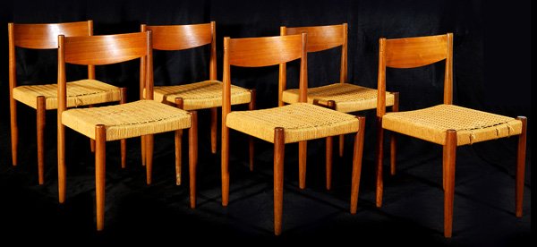 Peter Hvidt Dining Chairs (6): Set of six teak and woven chairs, rounded backs with tapered legs, Danish control button 30.75"Hx18.5"Wx19"D