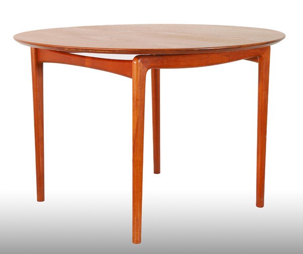 Orla Molgaard & Peter Hvidt Dining Table: Rare size teak Dining Table, perfect for small size dining area, floating top with tappered legs, brass, branded Franc Daverkosen 28.5"Hx42.5"D