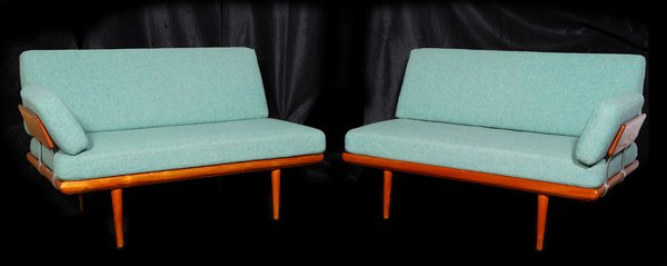 Peter Hvidt Sofa: Two-piece teak and chrome sectional sofa, original upholstery and spring cushions, original labels Each section: 49"Lx30.5"Hx30"D