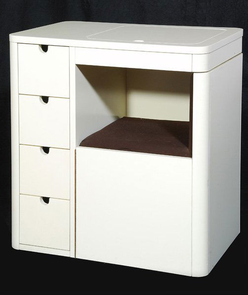 Joe Colombo Attribution Vanity: Laminate vanity with lift mirror, swing chair, four drawer 26"Lx18"Dx28.75"H