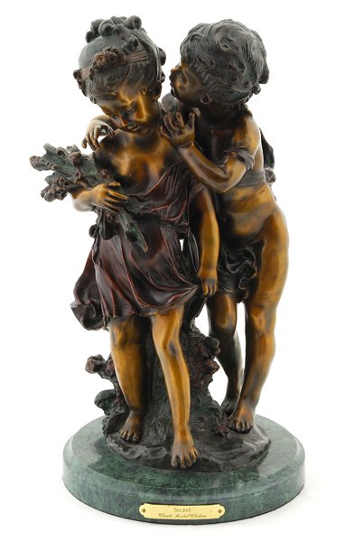 After Claude Michel Claudion Bronze: Title "Secret" bronze of boy and girl on marble base (re-cast), 16.5x 9.5"