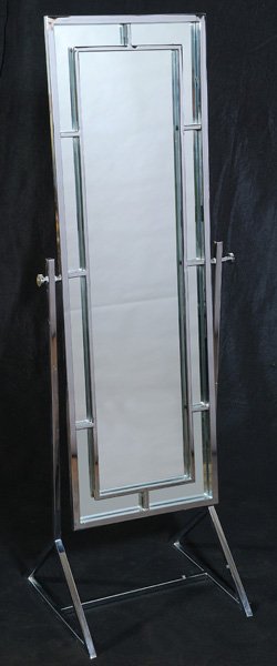 Milo Baughman Dressing Mirror: Chrome-plated geometric cut-out border on triangular-shaped base, adjusters on side, 52.5"Hx22.5"Wx18.5"D