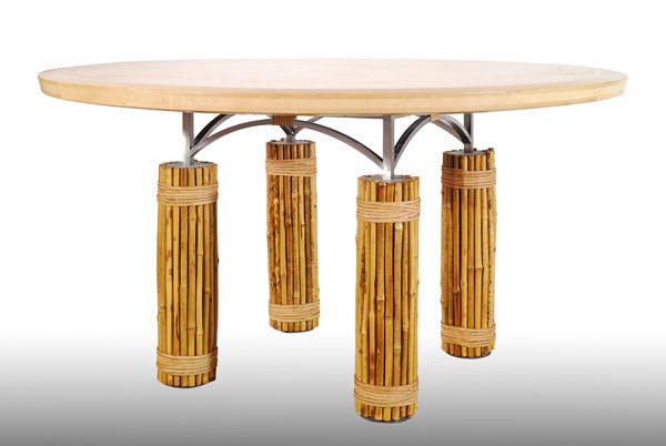 McGuire Dining Table: Beautiful Round Two-tone beveled-top suspended from iron, bamboo, rattan base with McGuire label 29"Hx54.75"D