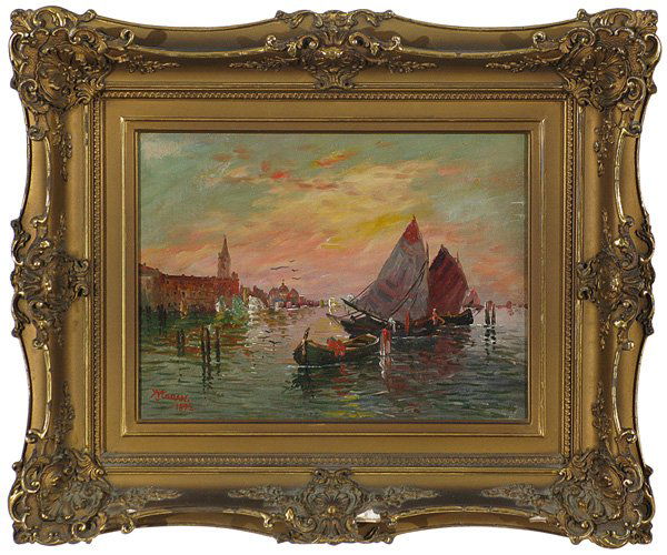 Thomas Moran - Oil, attribution: Oil on canvas, Ships at Dock - Harbor scene, signed with the T monogram, Moran 1893, housed in original frame, 9" x 12"
