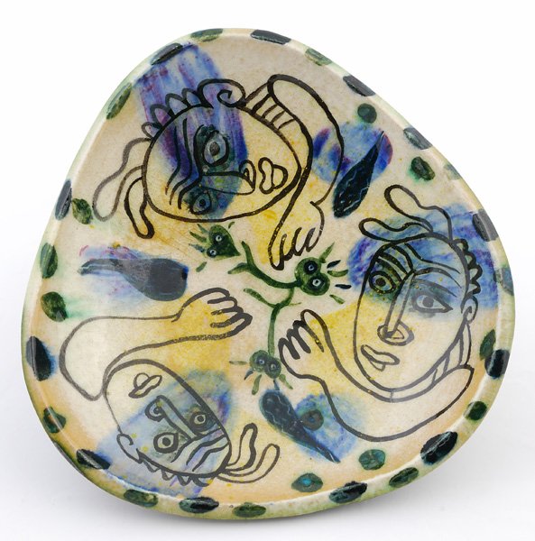Julio De Diego - Bowl: Ceramic bowl with three abstract figures stretching towards center, manufacturers mark on bottom, Stonelain, 8" x 8.5"