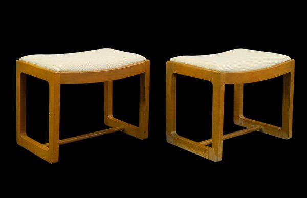 Edward Wormley Benches: Pair of Drexel curved rectagular occassional benches, stains on mahogany finish, white tweed upholstery