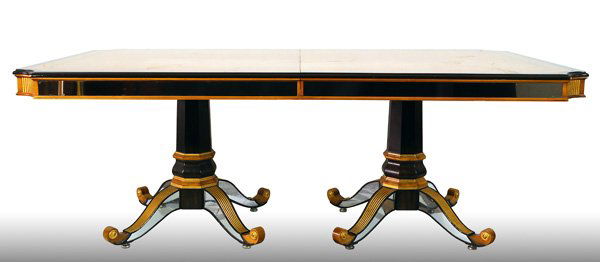 E. J. Victor Dining Table: Special ordered Beechwood, Rosewood, Ebony with gilt around borders with mirroed inserts, designed by Julia Gray, a perfect example of her elegant work, originally priced $15,000, 46"x82"30.5"