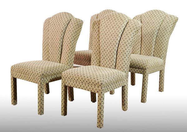 E. J. Victor Dining Chairs (4): Set of four upholstered dining chairs in LV pattern, designed by Julia Gray, 41.75"Hx25"Wx18.5"D