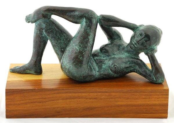 Perez Celis Bronze: Fine reclining bronze nude, mounted on wood base, signed and dated Celis 1983, 5/7, 9.25" x 13.75" x 5.5" including base