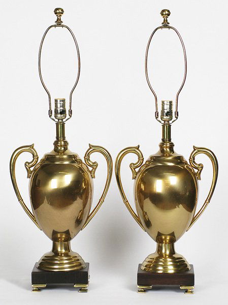 Frederick Cooper Lamps: Pair of brass double-handle urn lamps, mounted on mahogany base with four brass molded feet, original brass finials, 30.5"H