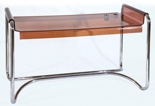 Fabio Lenci Desk: Lucite and chrome-plated desk with original stainless steel wells, elegant design, removable top, 32.5"Hx27"Dx52.5"L