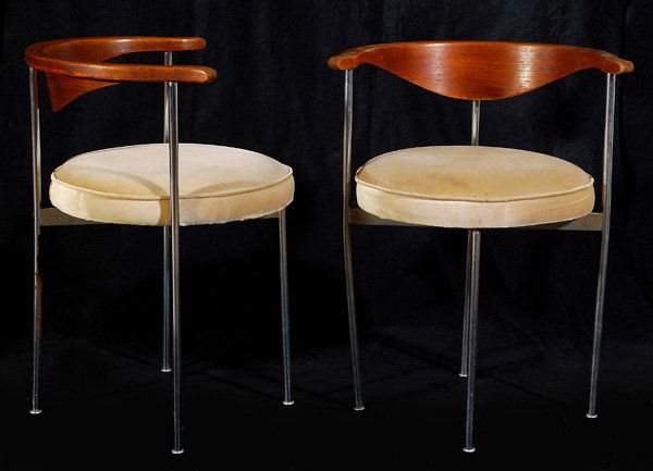 Fritz Hansen Chairs (2): Model #3200, Pair; Denmark 1963, Matte chrome-plated steel, teak, plywood and upholstered with manufacturer's label, 21.5"Wx19"Dx27.5"H