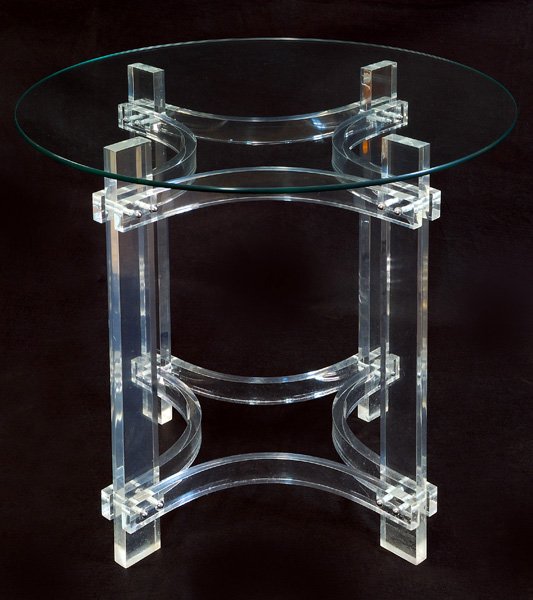 Charles Hollis Jones Table: Round glass top, lucite base, four legs, curved stretcher, 29"Hx30"D