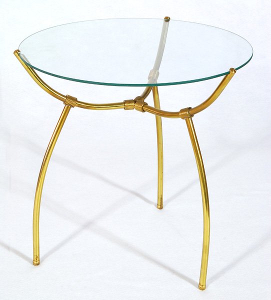 Italian Brass Occasional Table: Brass-plated metal three-legged base with suspended glass-top, designer and manufacturer unknown, great look 17.5"Hx17.5"D