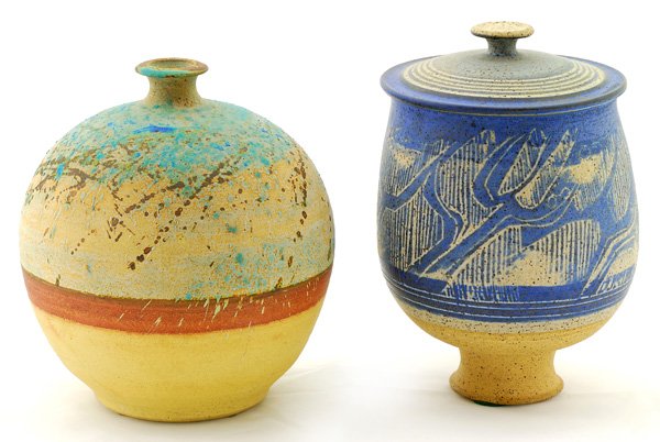 Charles Counts Vessels: Two signed ceramic vessels, lidded jar with blue and white glaze 8.5", bulbous shaped vessel 7.75"