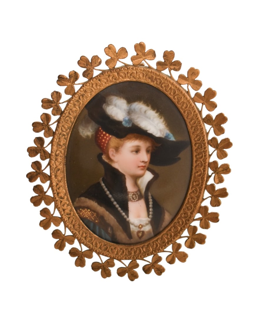 French Porcelain Miniature Plaque of Lady with Shamrock Frame (1 of 6)