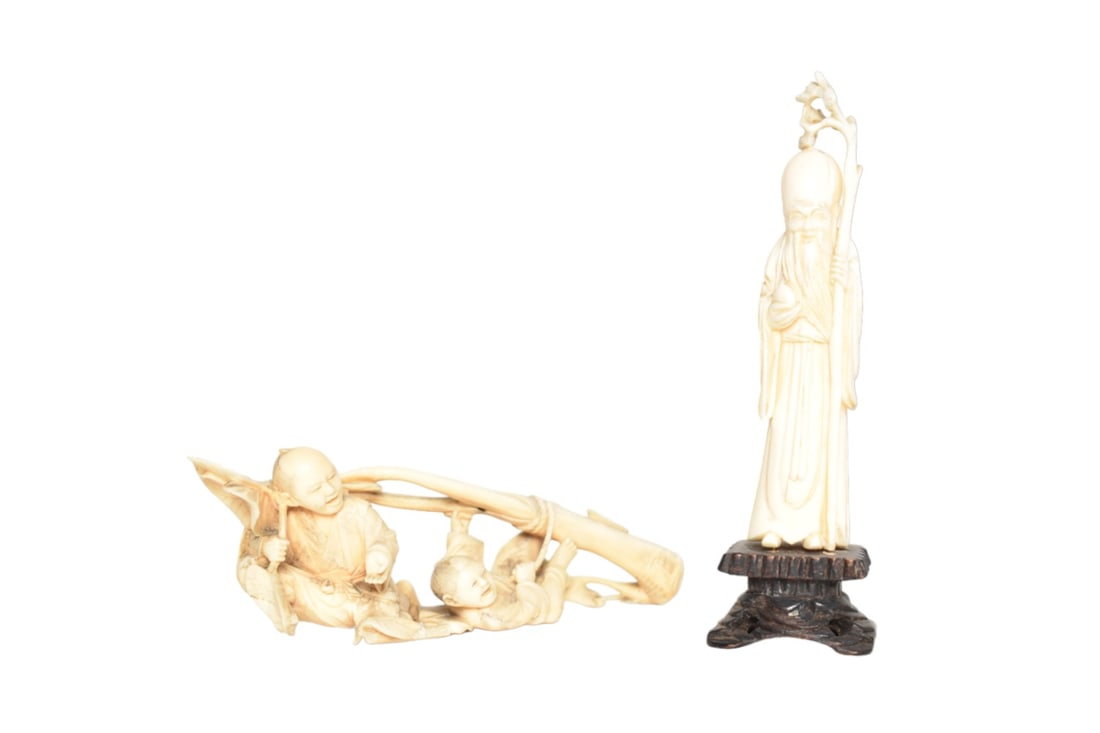 Intricately Carved Cabinet Sculptures Plus: Intricately Carved Cabinet Sculptures Plus. Intricately carved cabinet sculpture of two figures pulling down a tree. Incredible detail with rope and branches. 5-1/8" W x 1-1/2" D x 1-3/4" H. Chinese c