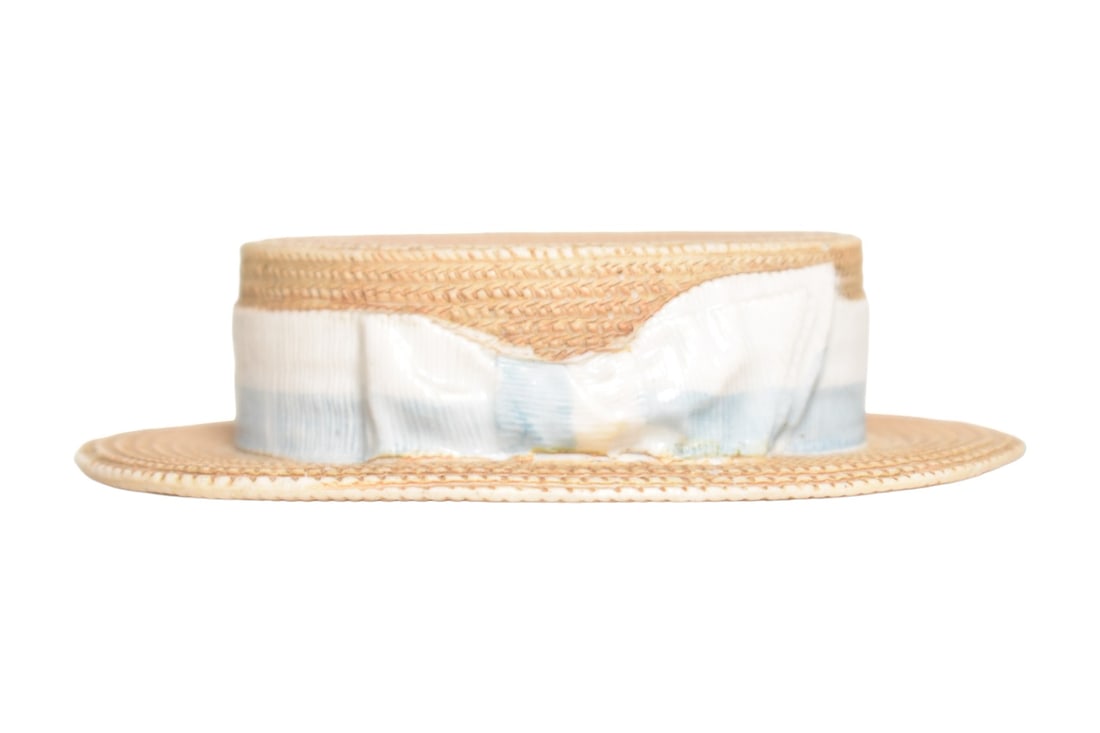 Porcelain Hat Mint Dish: Mint dish in form of straw boater hat. French porcelain. 3-5/8" W x 4-1/4" D x 1" H.